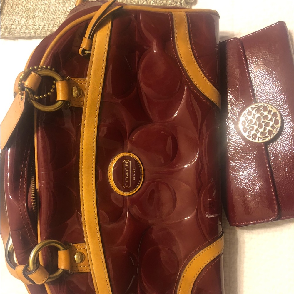 Red patent Coach handbag